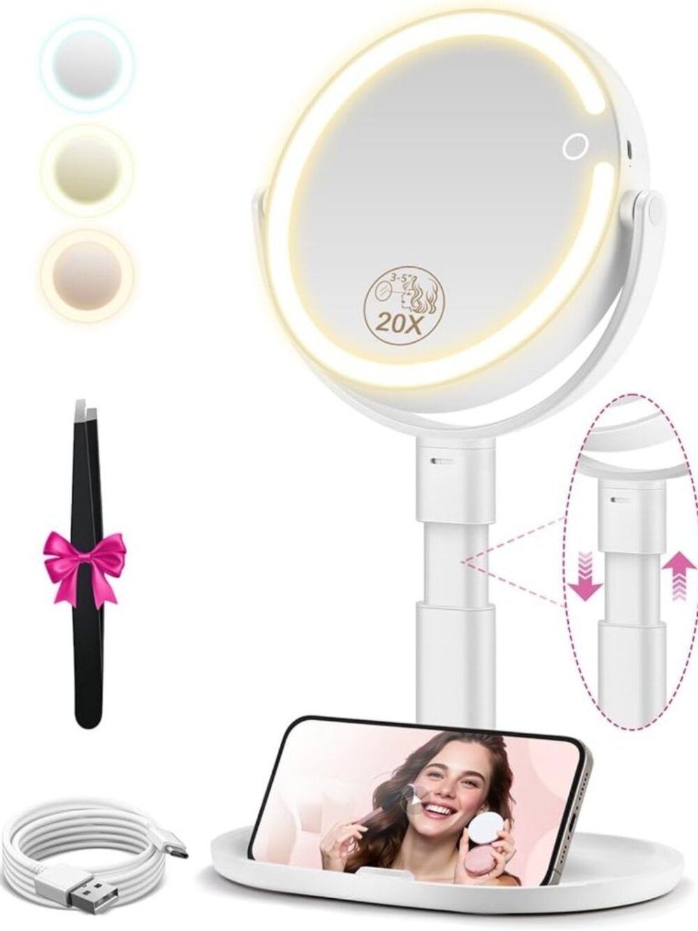 Illuminated Makeup Mirror with 20X Magnification, Adjustable Height